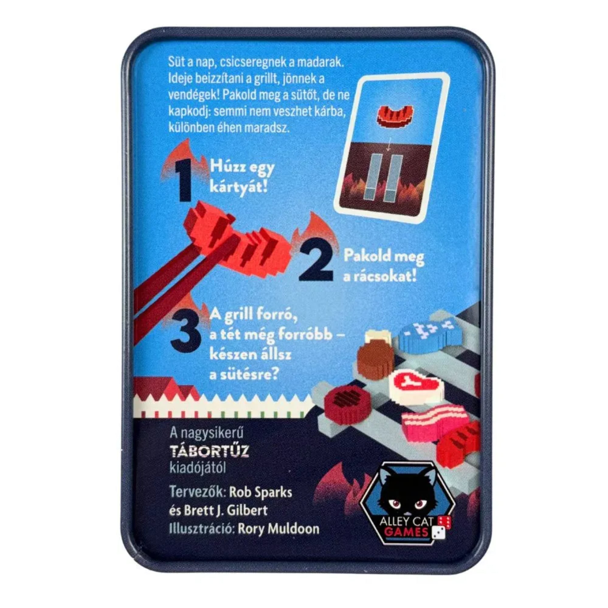 Grillparti társasjáték fémdobozának hátoldala, játékszabályokkal és illusztrált grilljelenettel.
