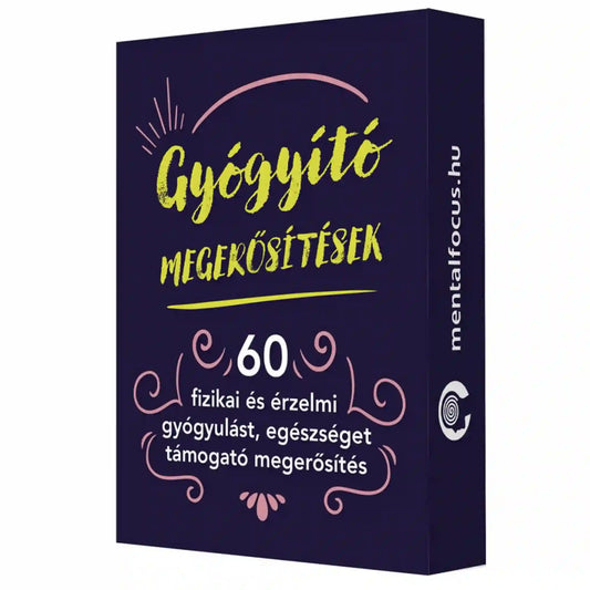 Gyógyító megerősítések – 60 megerősítés kártya díszdoboza, a kártyacsomag eredeti csomagolása.