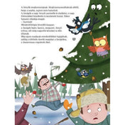 Gyönyörű karácsony – 24 mese belső oldal 3: Vidám téli erdei jelenet madarakkal és favágókkal, akik a havas fenyőfák között mozognak.