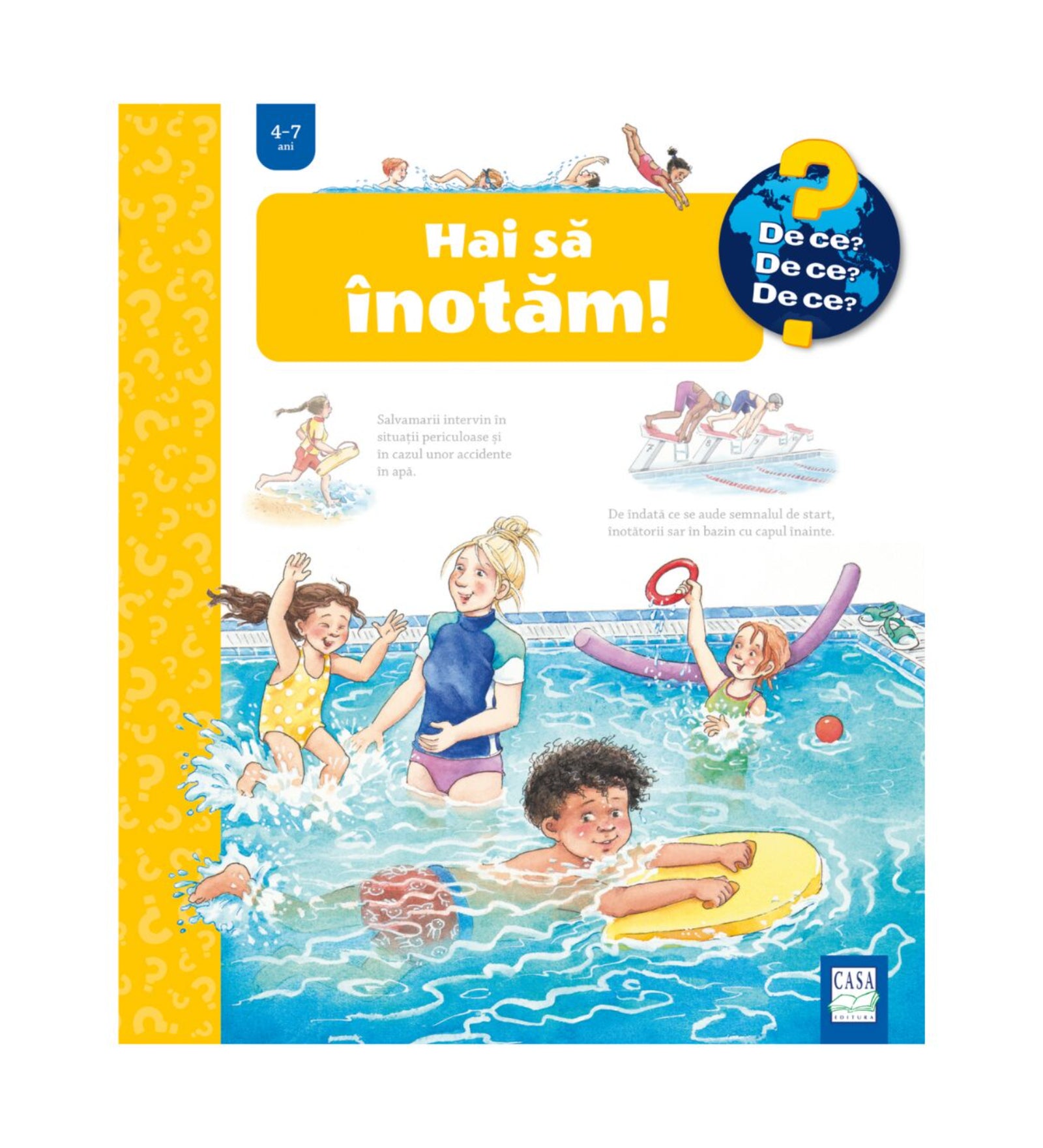 Hai să înotăm! – gyerekkönyv borító, amelyen gyerekek úsznak és játszanak az uszodában, vízben labdával és úszódeszkával, mellettük úszómester.