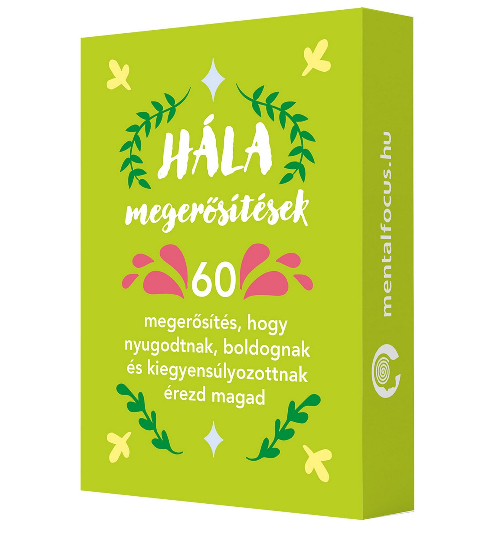 Hála megerősítések doboza zöld alapon, 60 motiváló megerősítéssel a nyugalom és kiegyensúlyozottság támogatására.