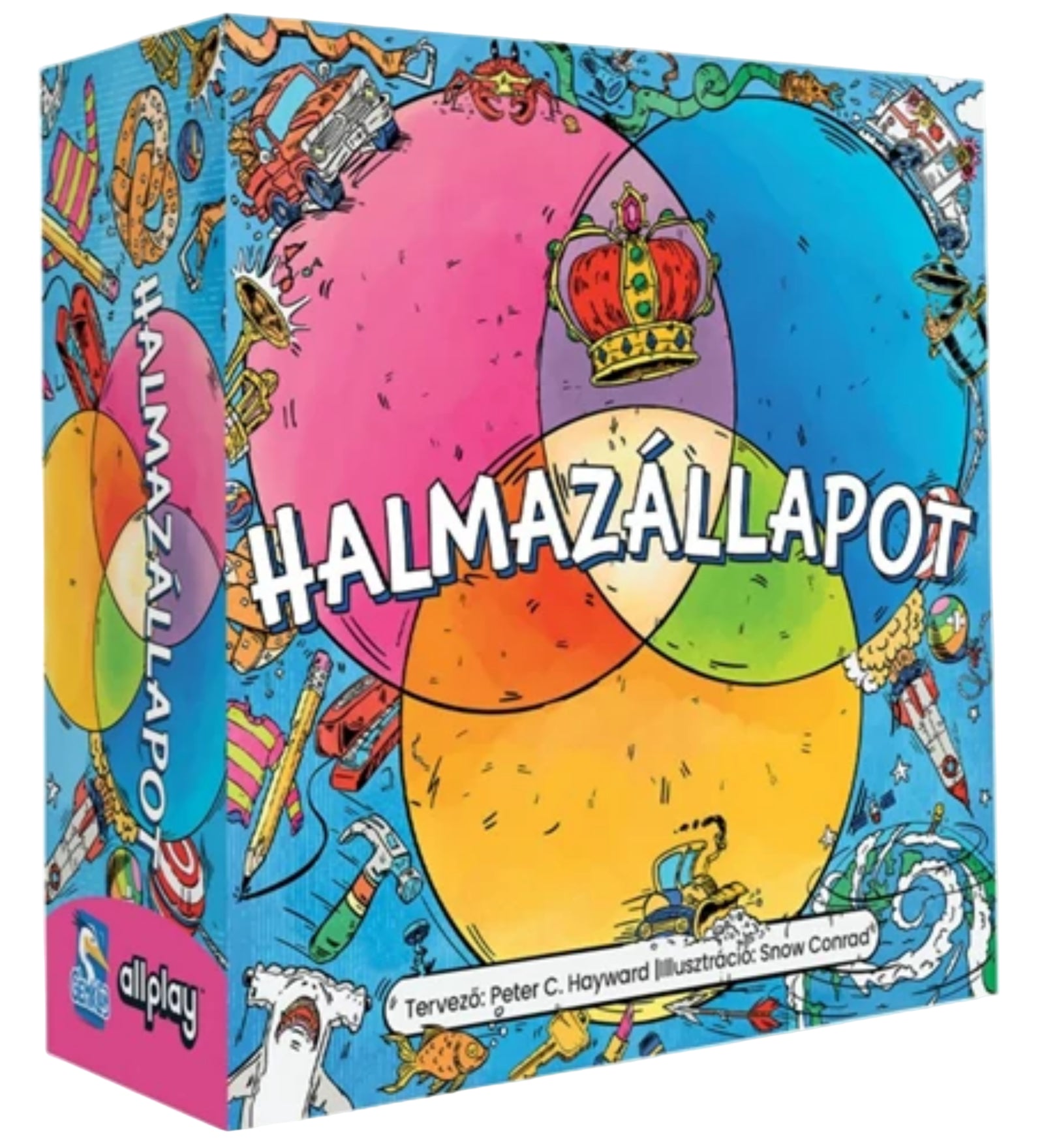 A Halmazállapot társasjáték élénk, színes illusztrációkkal díszített doboza, középen nagy Halmazállapot felirattal és a négy metsző halmazt ábrázoló grafikai elemmel.