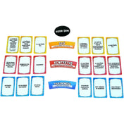 A Halmazállapot társasjáték kritériumkártyái hat csoportra rendezve: szó, kontextus, tulajdonság és egyéb kategóriák, valamint az ’Egyik sem’ jelölő a készlet tetején.