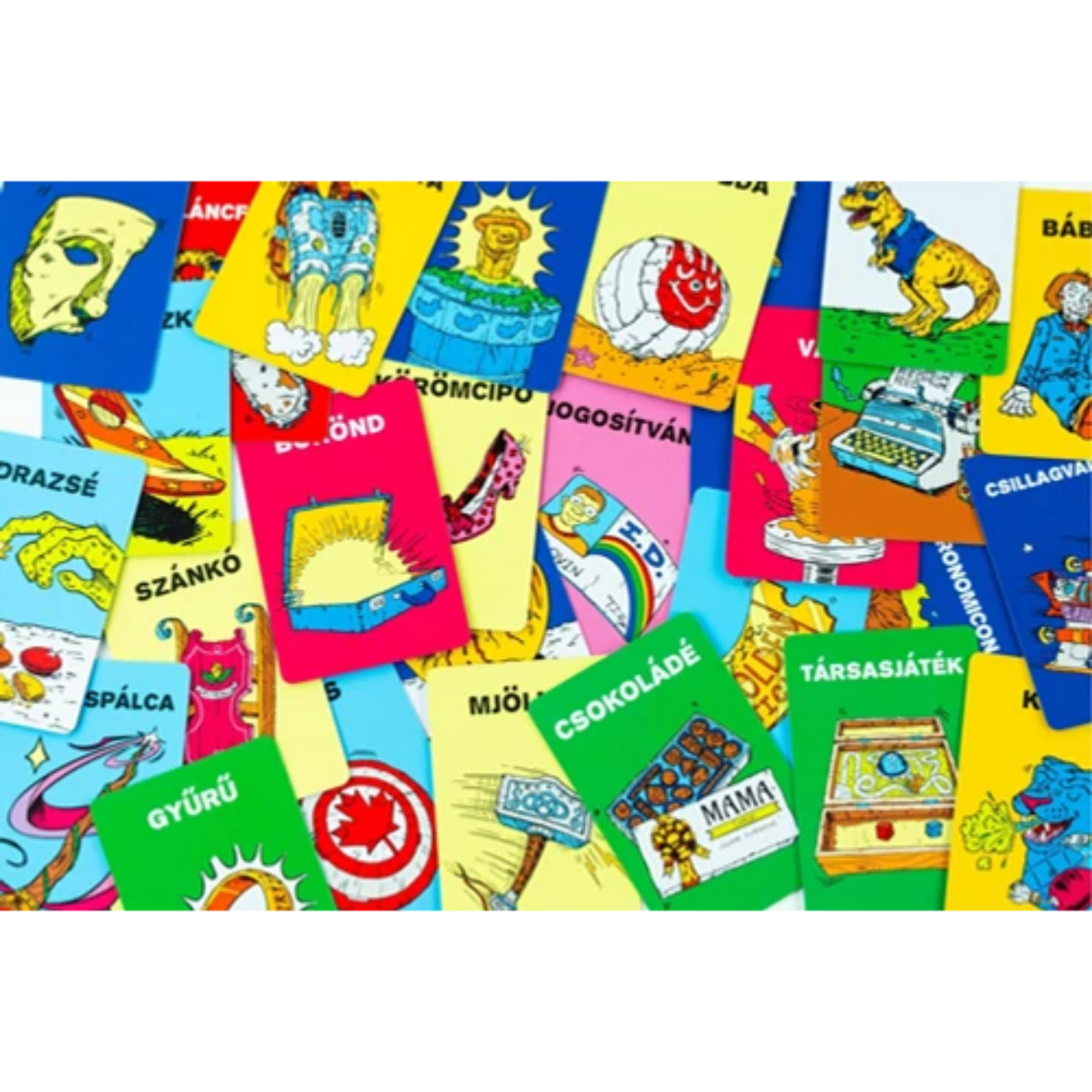 A Halmazállapot társasjáték változatos, színes illusztrált tárgykártyái szétszórva: sütemények, sporteszközök, ruhadarabok, állatok és különféle hétköznapi tárgyak rajzaival.