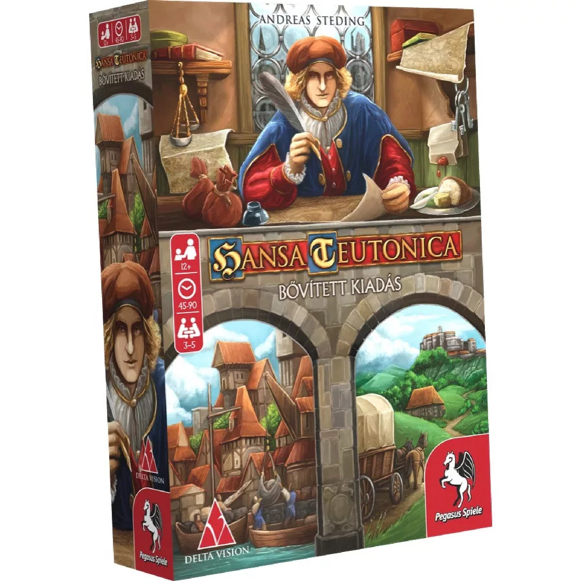 Hansa Teutonica Bővített kiadás doboza elölnézetből, középkori kereskedőt ábrázoló illusztrációval, város- és tájképi háttérrel, valamint játékosszám-, korosztály- és játékidő ikonokkal.
