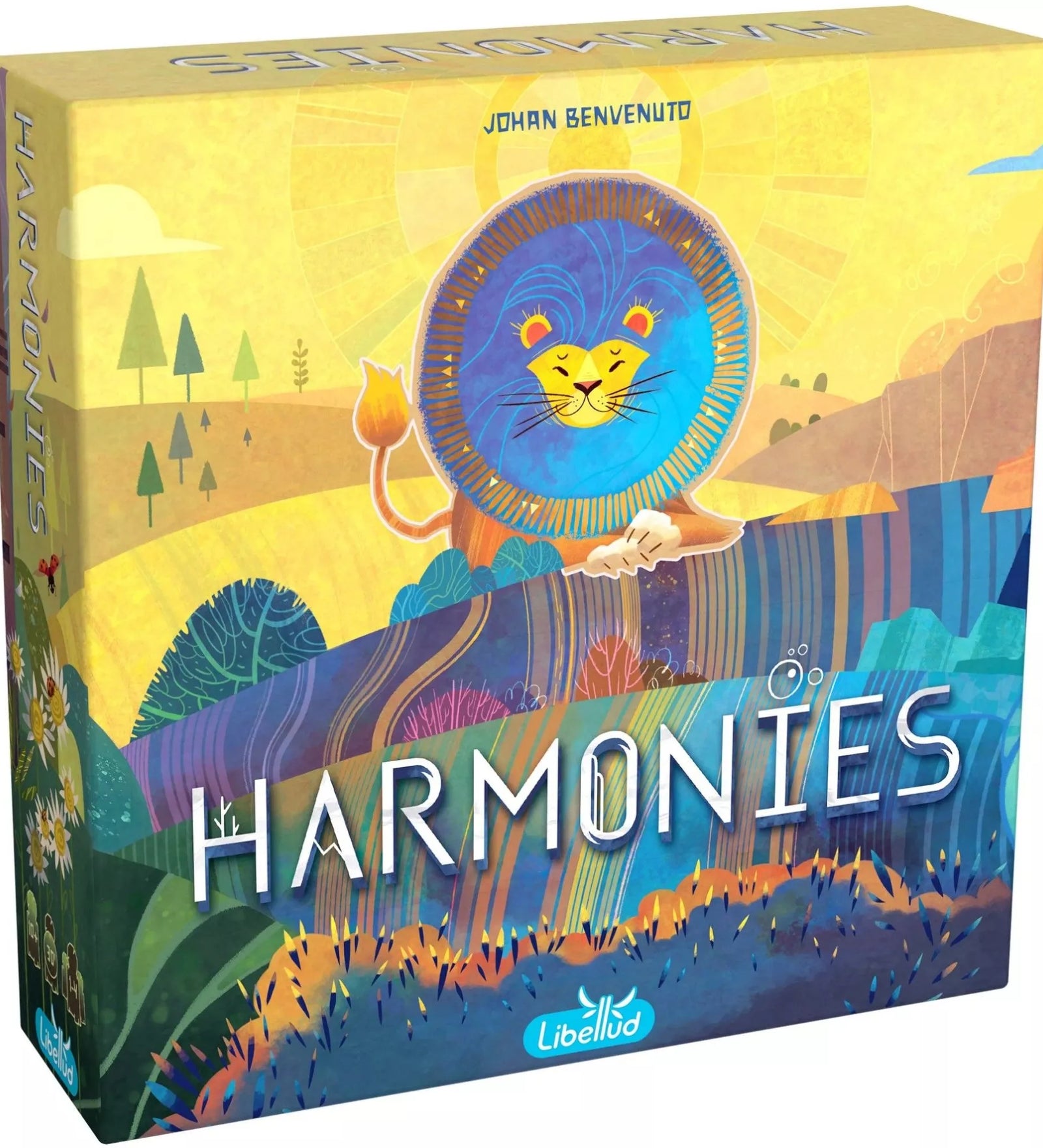 A Harmonies társasjáték doboza, amelyen mosolygó oroszlán látható színes, napsütéses tájon.