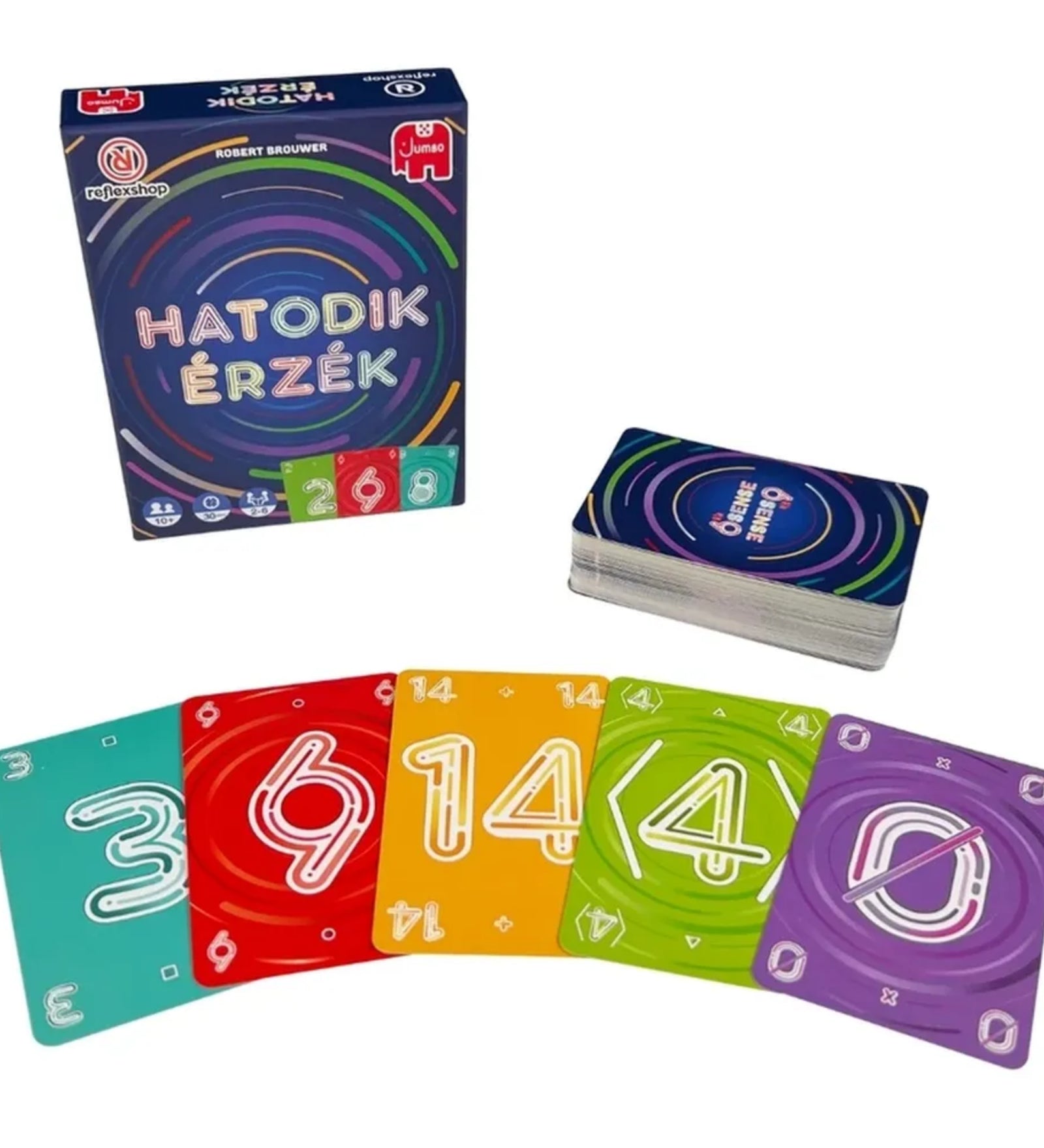A képen a „Hatodik érzék” doboza és az összes játékkártya látható kibontva. A pakli mellett hat színes kártyalap van kiterítve: türkiz (3), piros (9), sárga (14), zöld (4), lila (0) és ismét sárga (14). A kártyák élénk színei és letisztult dizájnja játékos, mégis modern vizuális élményt nyújtanak.