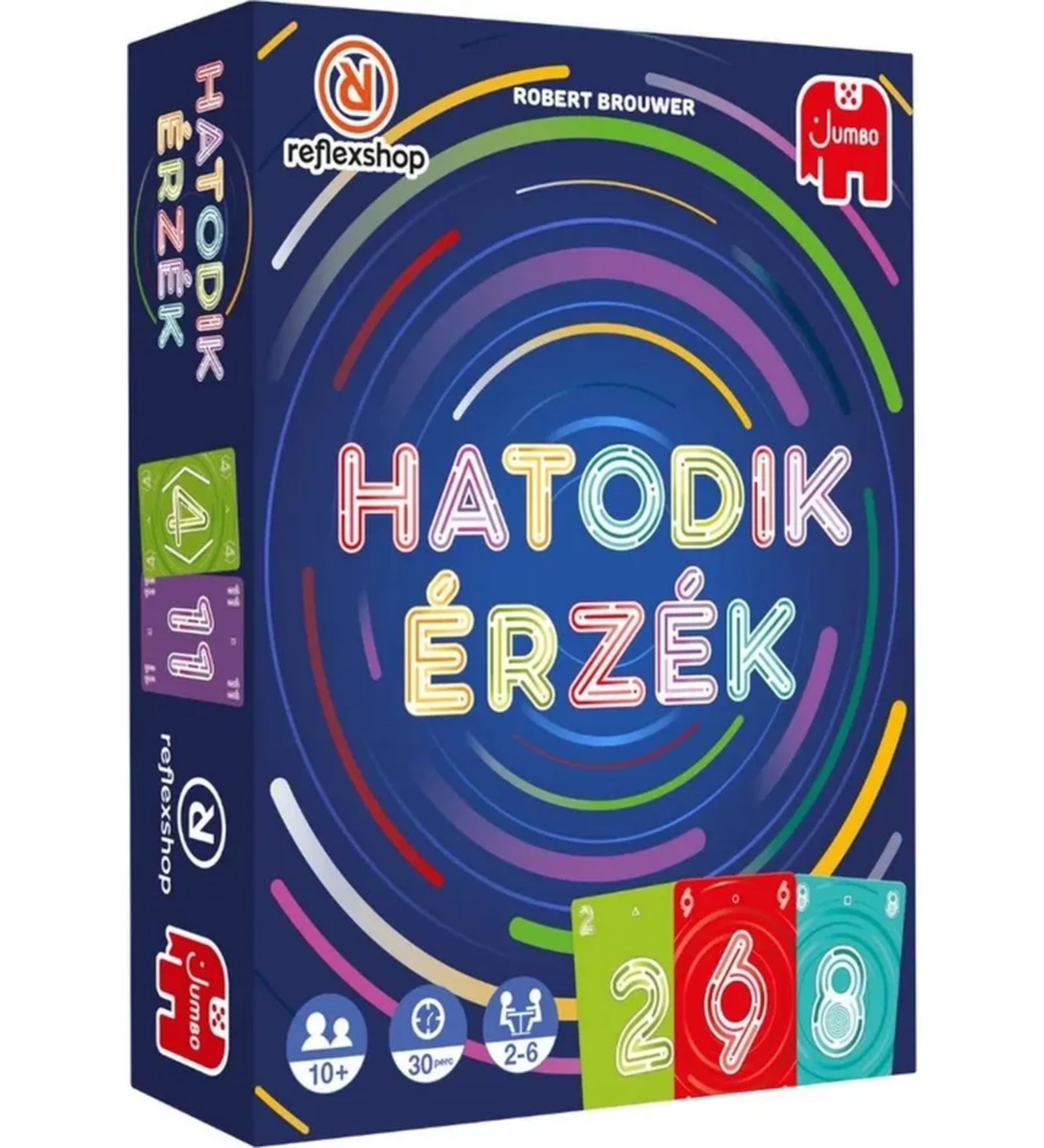 A kép egy színes, modern stílusú társasjáték-dobozt ábrázol, amelyen a „Hatodik érzék” felirat neon betűkkel szerepel egy sötétkék alapon, színes körívek által keretezve. A Reflexshop és a Jumbo logója is jól látható, valamint a játék javasolt korosztálya (10+), játékidő (30 perc) és játékosszám (2–6 fő) ikonokkal van feltüntetve. Az alsó részen három színes kártyalap részlete is megjelenik: zöld (2), piros (6) és világoskék (8) számokkal.