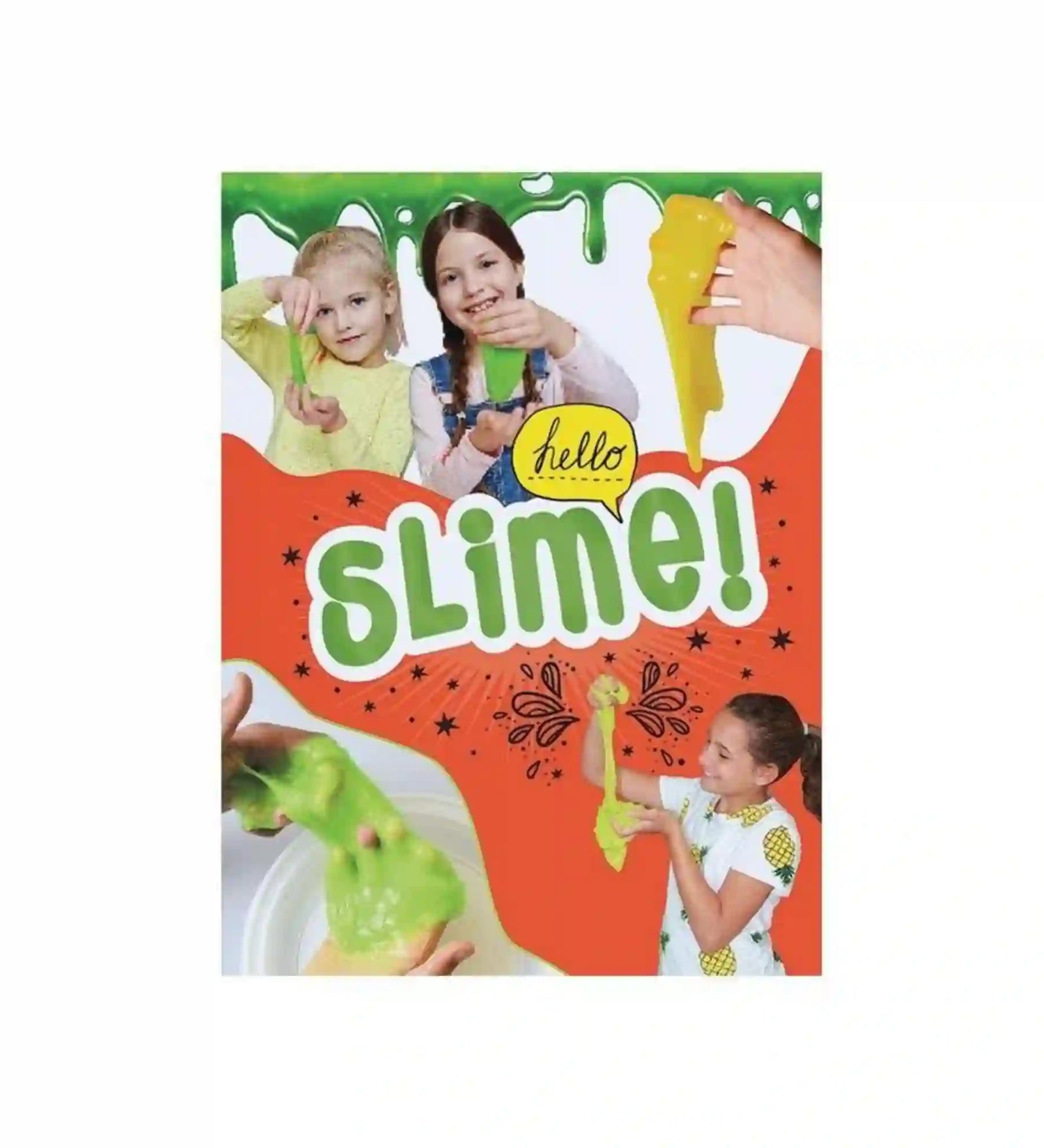 Hello Slime! könyv borítója, ahol gyerekek színes slime-ot nyújtanak és játszanak vele, vidám, kreatív kézműves témájú illusztrációval.