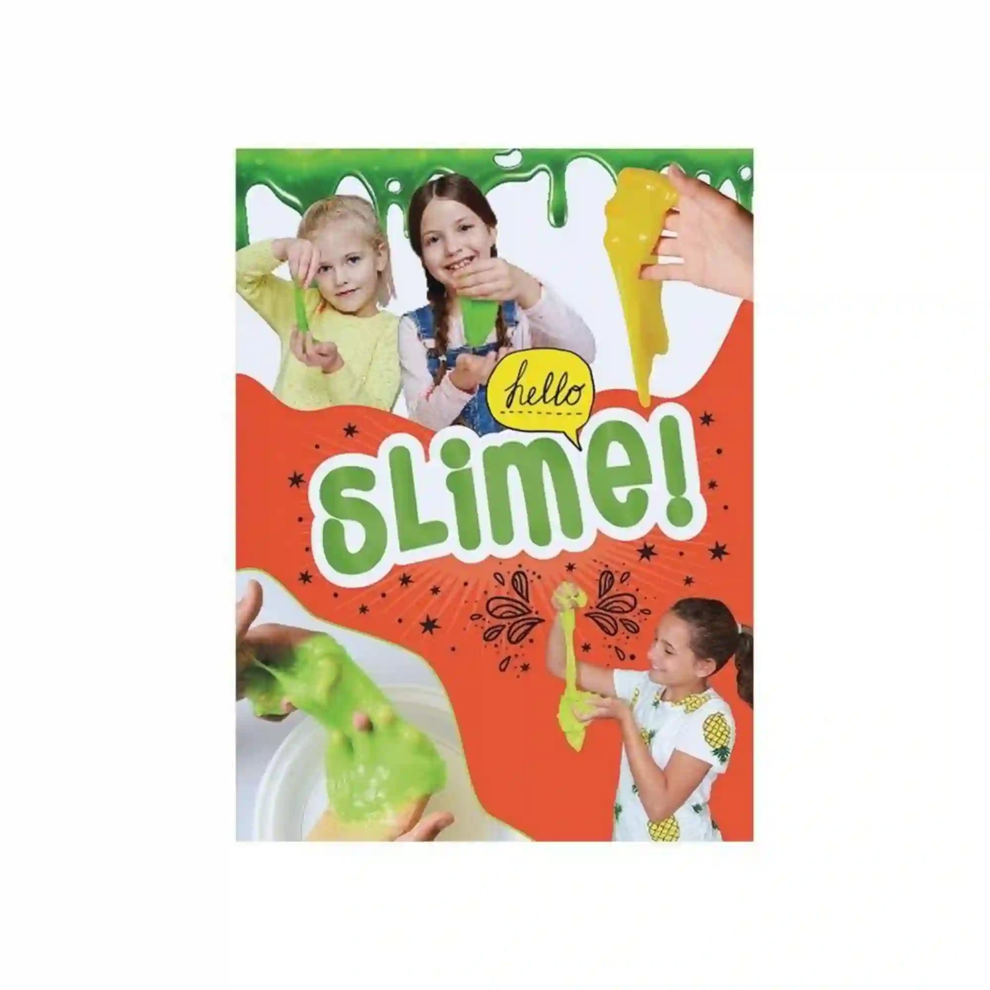 Hello Slime! könyv borítója, ahol gyerekek színes slime-ot nyújtanak és játszanak vele, vidám, kreatív kézműves témájú illusztrációval.