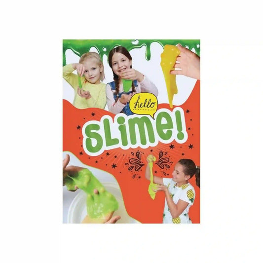 Hello Slime! könyv borítója, ahol gyerekek színes slime-ot nyújtanak és játszanak vele, vidám, kreatív kézműves témájú illusztrációval.