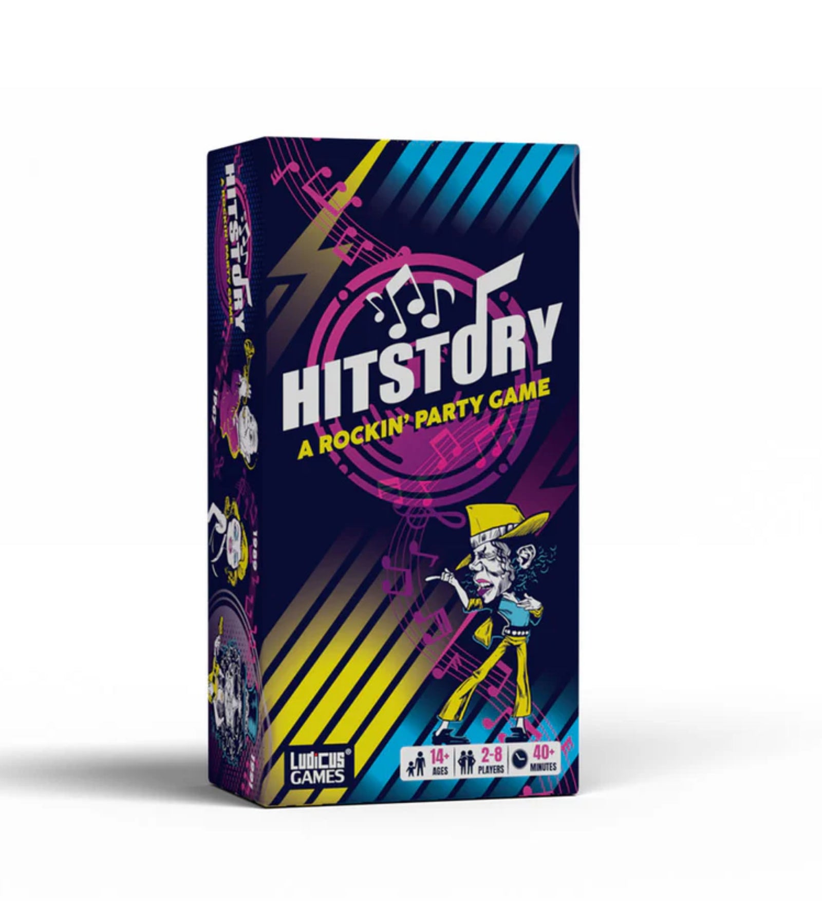HitStory társasjáték doboza élénk színekkel, zenés grafikákkal, egy karakterrel és a játék logójával; 14+ korosztálynak, 2-8 játékosra, 40+ perces játékidővel.
