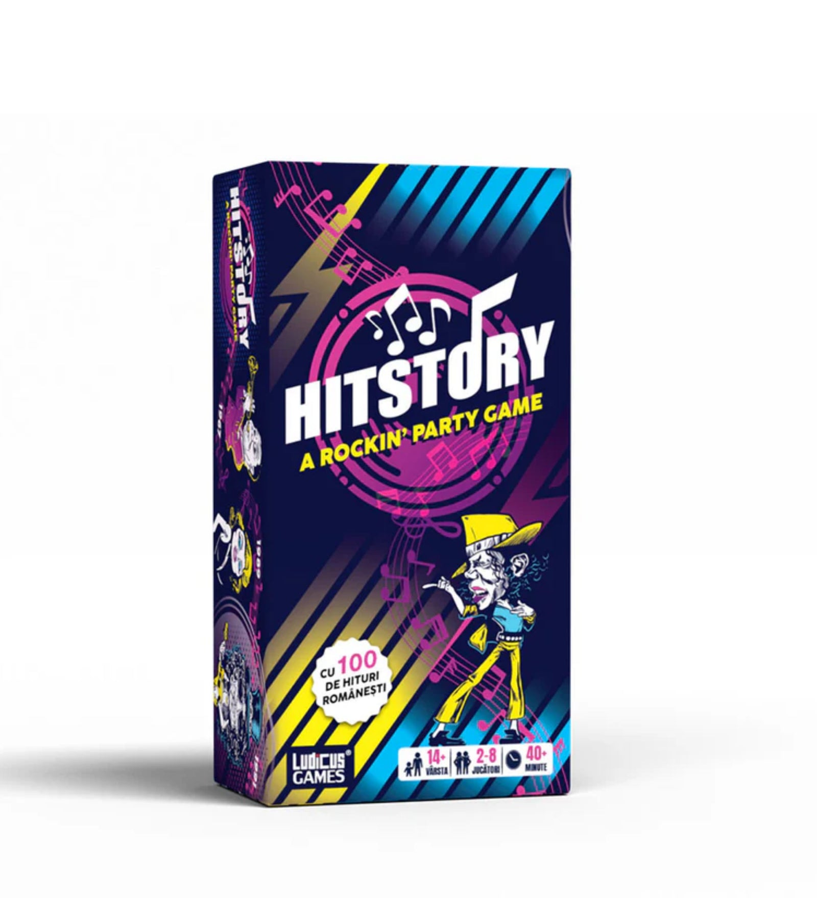 HitStory társasjáték román kiadásának doboza élénk grafikai elemekkel és „CU 100 DE HITURI ROMÂNEȘTI!” felirattal, zenés parti hangulattal.
