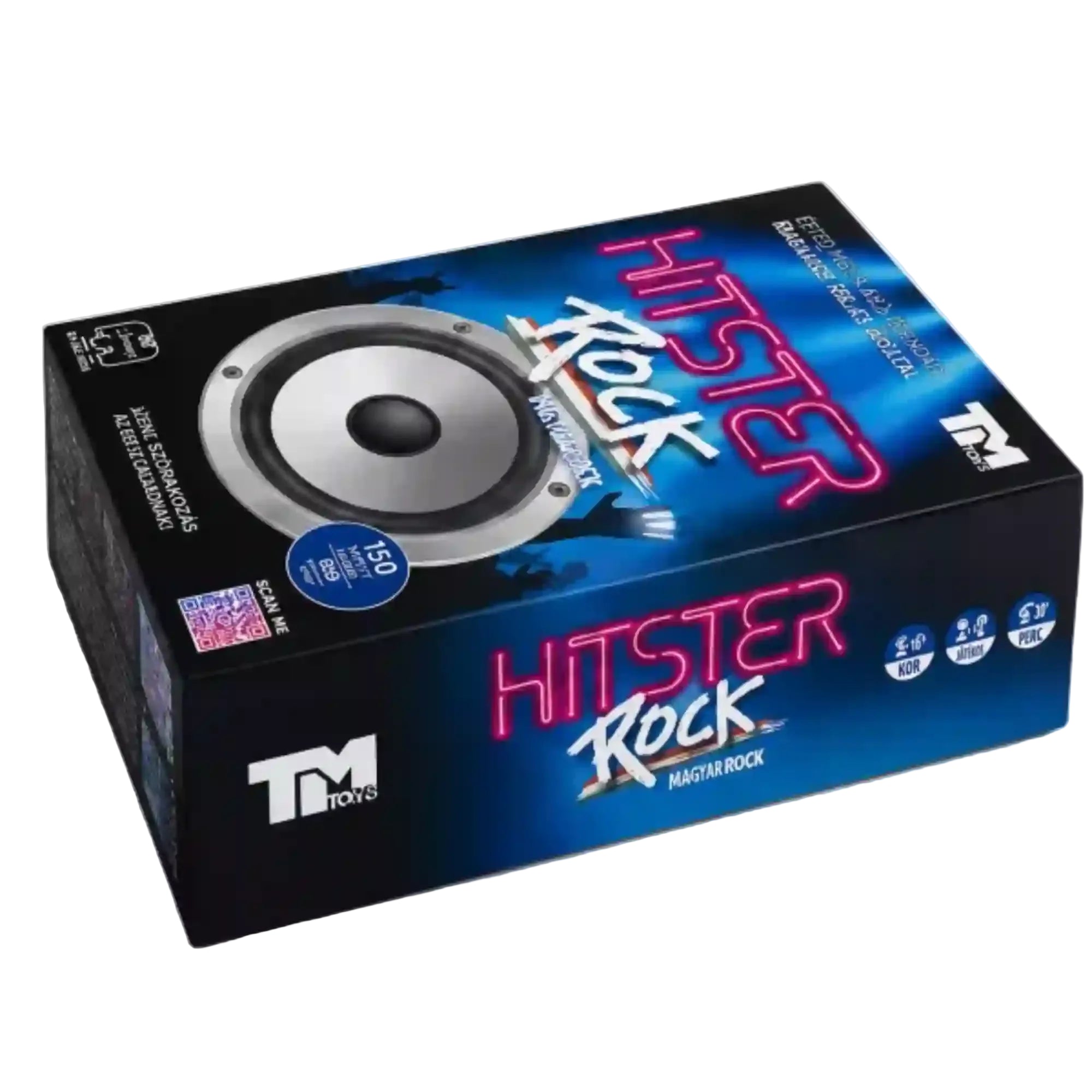 Hitster Rock – Magyar Rock társasjáték doboza, hangszórós grafikával és kék-fekete dizájnnal.