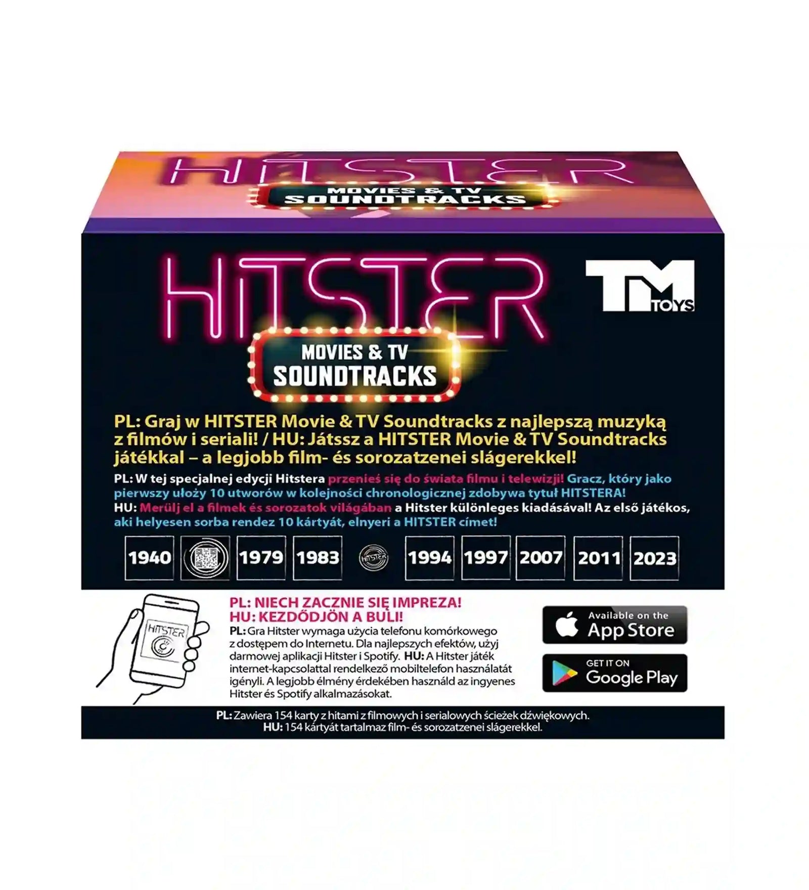 Hitster Movies & TV Soundtracks kiegészítő hátoldala játékleírással, mobilalkalmazás információval és filmes-zenei slágereket tartalmazó kártyapaklival.