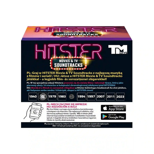 Hitster Movies & TV Soundtracks kiegészítő hátoldala játékleírással, mobilalkalmazás információval és filmes-zenei slágereket tartalmazó kártyapaklival.