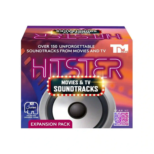 Hitster Movies & TV Soundtracks társasjáték kiegészítő doboza filmes és sorozatos zenékkel, több mint 150 ikonikus soundtrackkel és neon stílusú dizájnnal