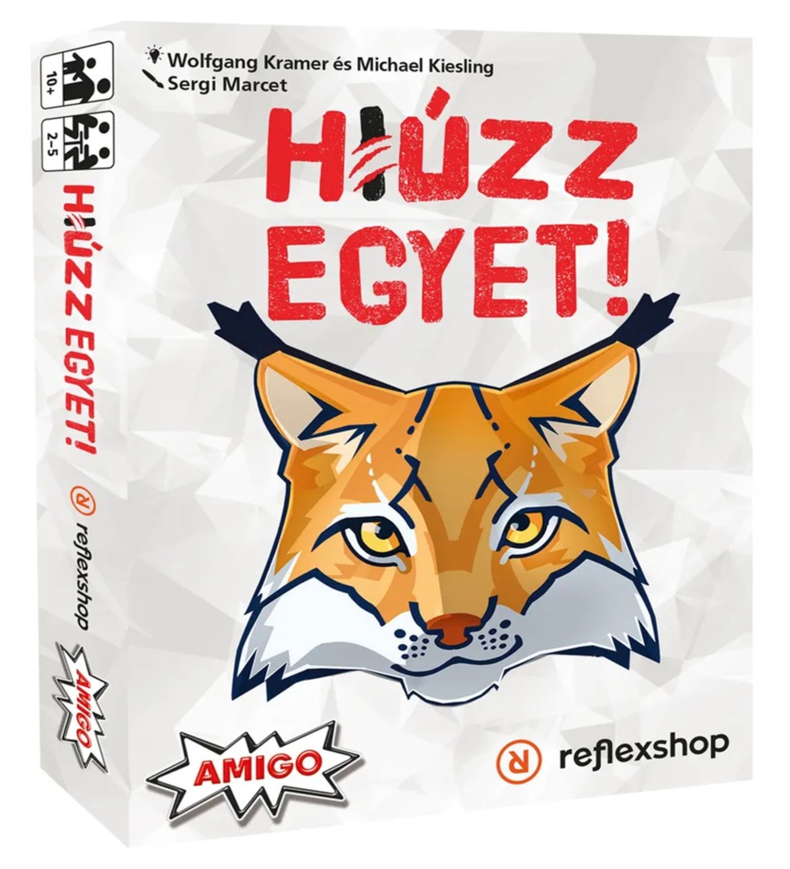 A Húzz egyet! kártyajáték fehér színű, modern megjelenésű doboza, középen egy karakteres hiúzfej illusztrációval és piros játékcímmel, Reflexshop és Amigo logóval.