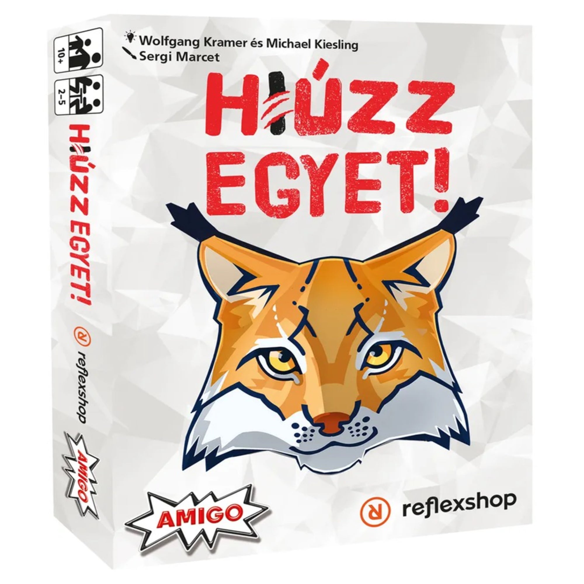 A Hiúzz egyet! társasjáték doboza, rajta egy hiúz arca és a játék címe nagy, piros betűkkel.