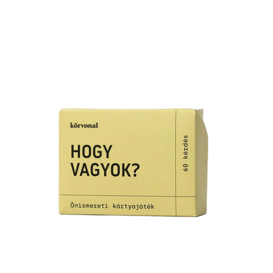 A Körvonal – Hogy vagyok? önismereti kártyajáték doboza közelről, sárgás színű csomagolásban, letisztult betűtípussal.