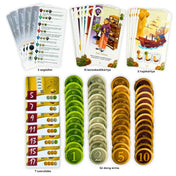 Hội Phố – A hatalom ára társasjáték tartalma: segédkártyák, kereskedőkártyák, hajókártyák, szerződéslapkák és dong érmék.