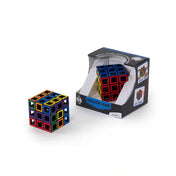 Hollow Cube üreges logikai kocka színes elemekkel és eredeti csomagolásával fehér háttéren.