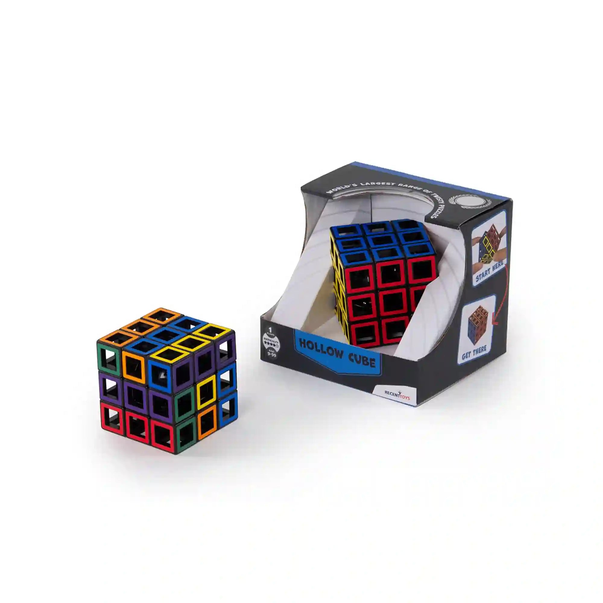 Hollow Cube üreges logikai kocka színes elemekkel és eredeti csomagolásával fehér háttéren.