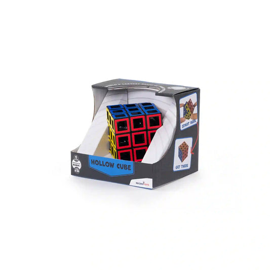Hollow Cube logikai puzzle dobozban fekete csomagolással és kirakott üreges kockával.