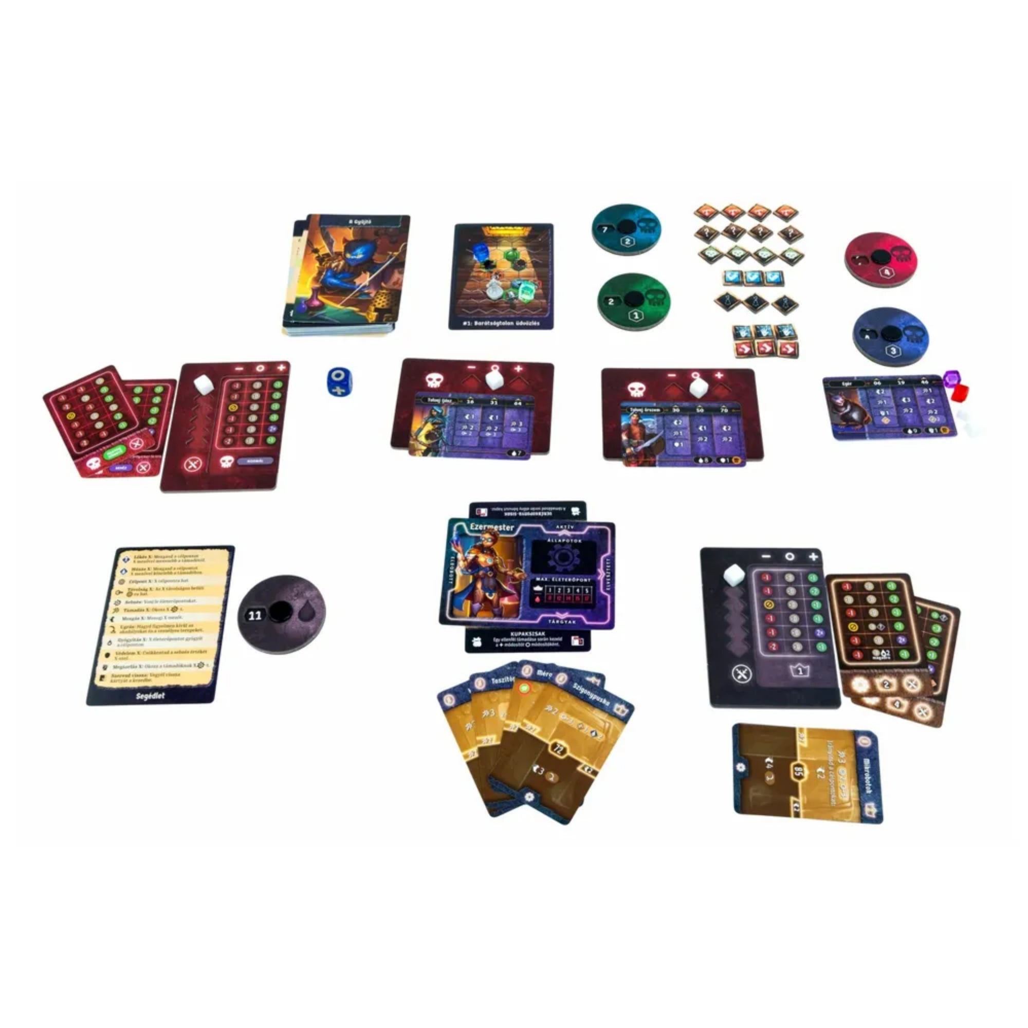 A Homályrév: Apró kalandok játék közbeni elrendezése: karakterlapok, akciókártyák, küldetéskártyák, jelölők és korongok az asztalon.