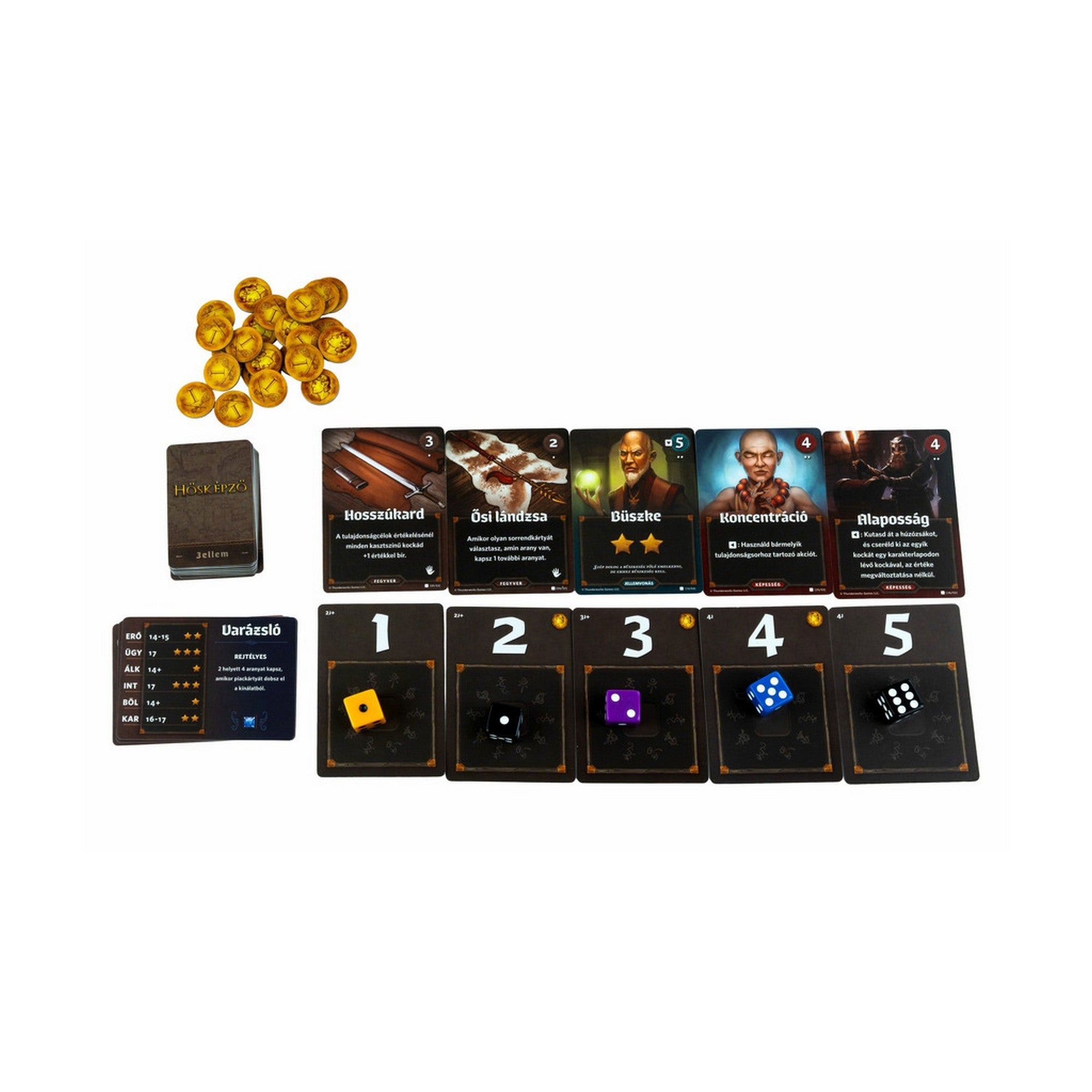 „Hősképző társasjáték kártyái, aranyérmék és különböző színű dobókockák kirakva sorban.”