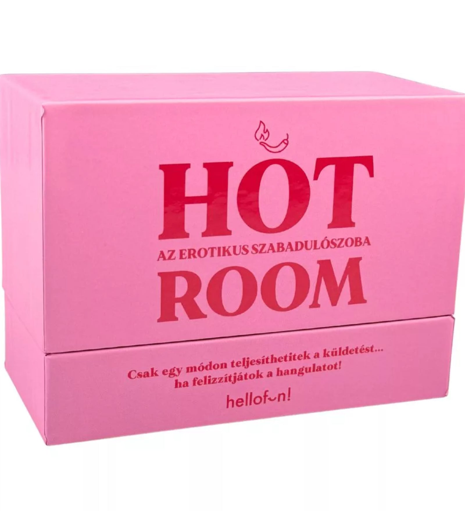 Hot Room – az erotikus szabadulószoba társasjáték rózsaszín dobozának előlapja, letisztult dizájnnal és piros felirattal, 18+ pároknak készült játék.