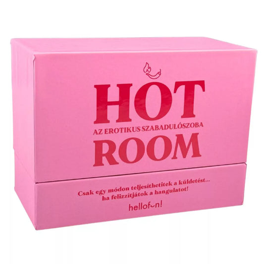 Hot Room – az erotikus szabadulószoba társasjáték rózsaszín dobozának előlapja, letisztult dizájnnal és piros felirattal, 18+ pároknak készült játék.