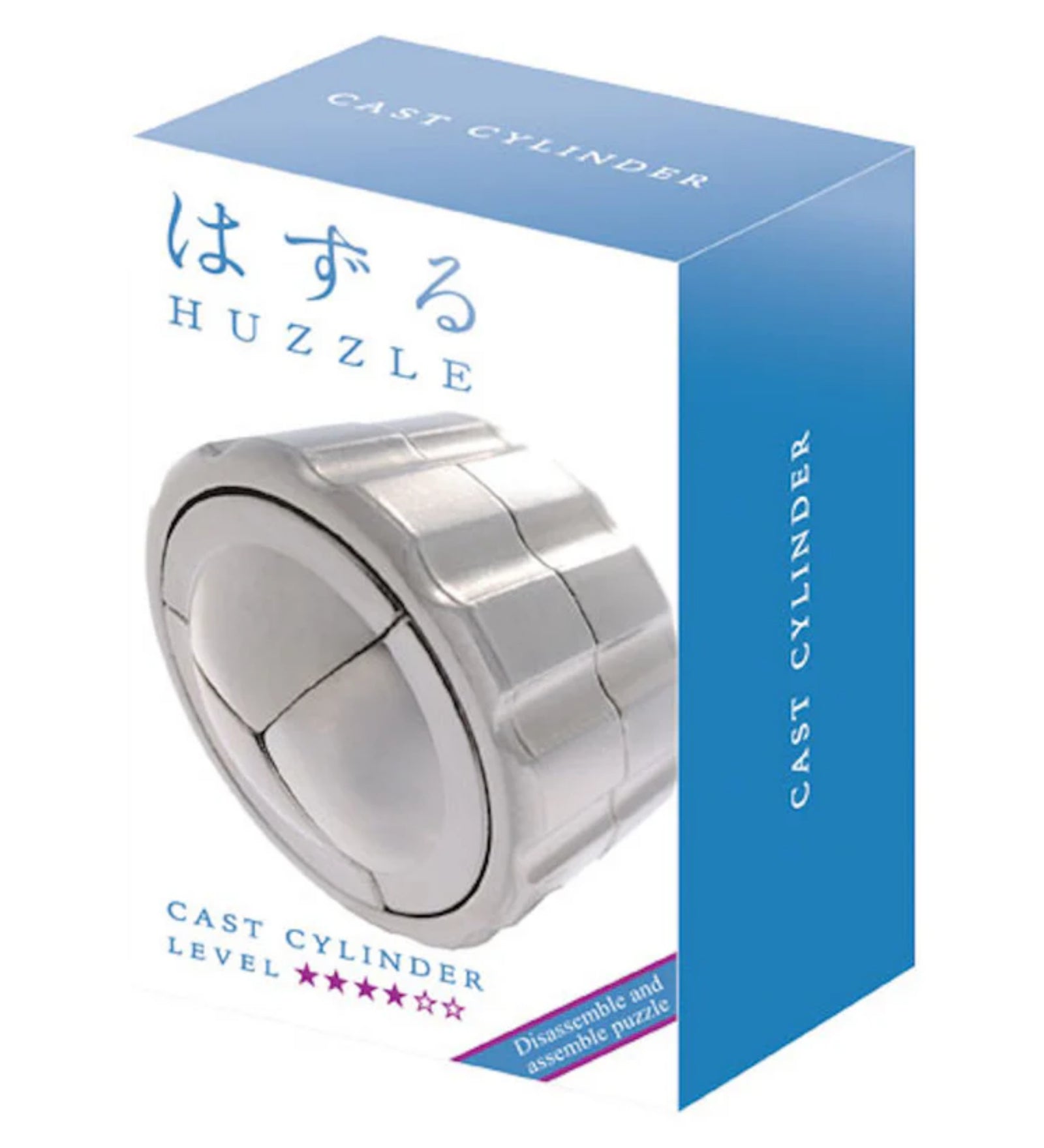 A Huzzle Cast CYLINDER logikai kirakó világoskék színű doboza, amelyen a fémes ezüst színű, henger alakú kirakó látható.