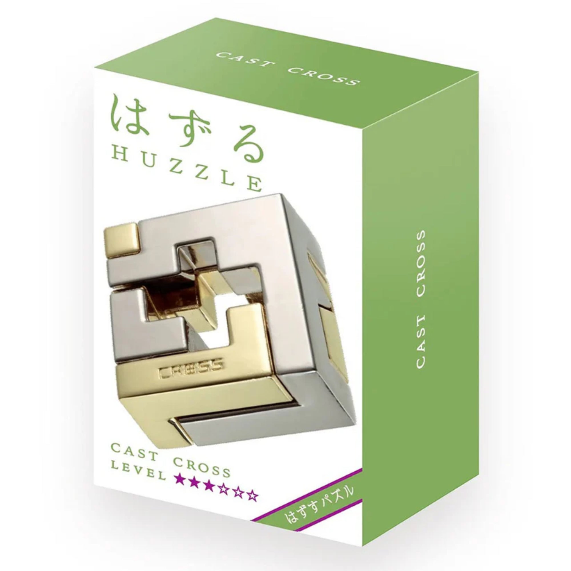 A Huzzle Cast Cross doboza fehér-zöld színvilágú csomagoláson, középen a kirakott puzzle fotójával, japán felirattal és a nehézségi szintet jelző ötcsillagos skálával.