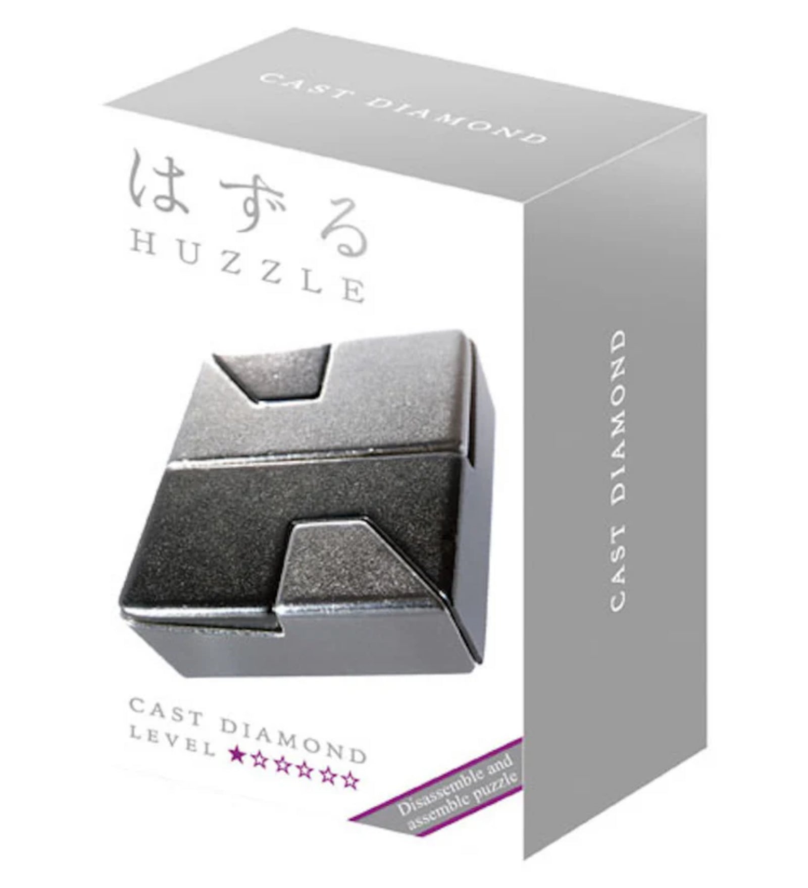 A Huzzle Cast DIAMOND eredeti csomagolása, rajta a játék képe, a japán Huzzle márkanév és a nehézségi szintet jelző csillagok.