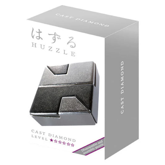 A Huzzle Cast DIAMOND eredeti csomagolása, rajta a játék képe, a japán Huzzle márkanév és a nehézségi szintet jelző csillagok.