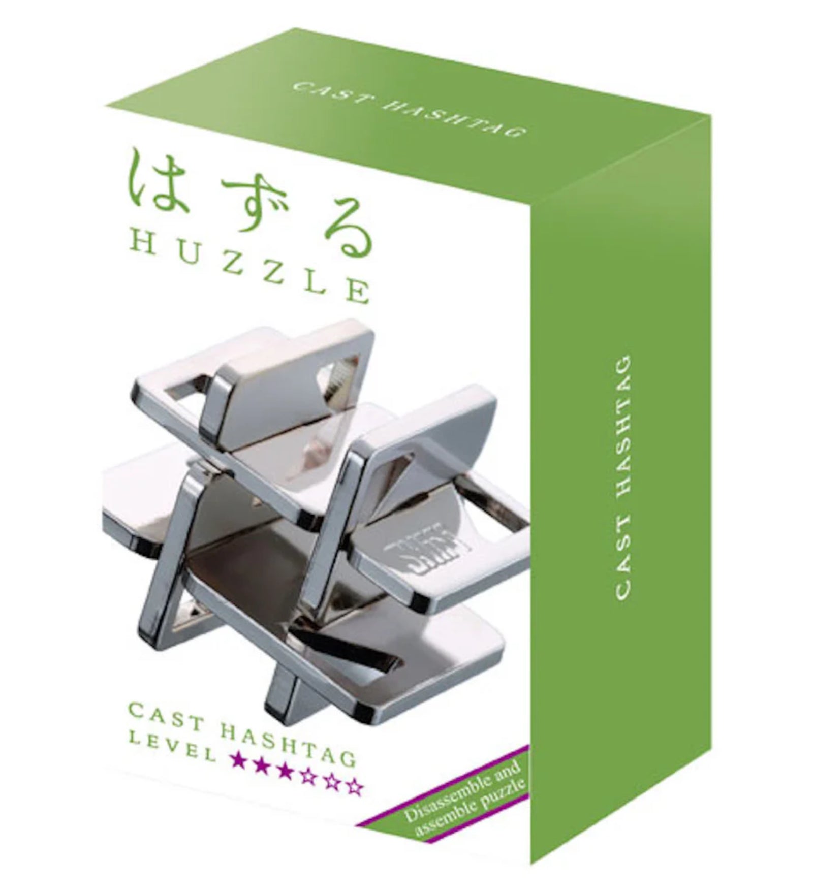 A Huzzle Cast HASHTAG logikai játék zöld-fehér doboza, amelyen a fémből készült puzzle összeszerelt állapotban látható.