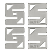 A Huzzle Cast HASHTAG logikai játék szétszedve, négy egyforma, ezüstszínű fémdarab, „SHIFT” felirattal.