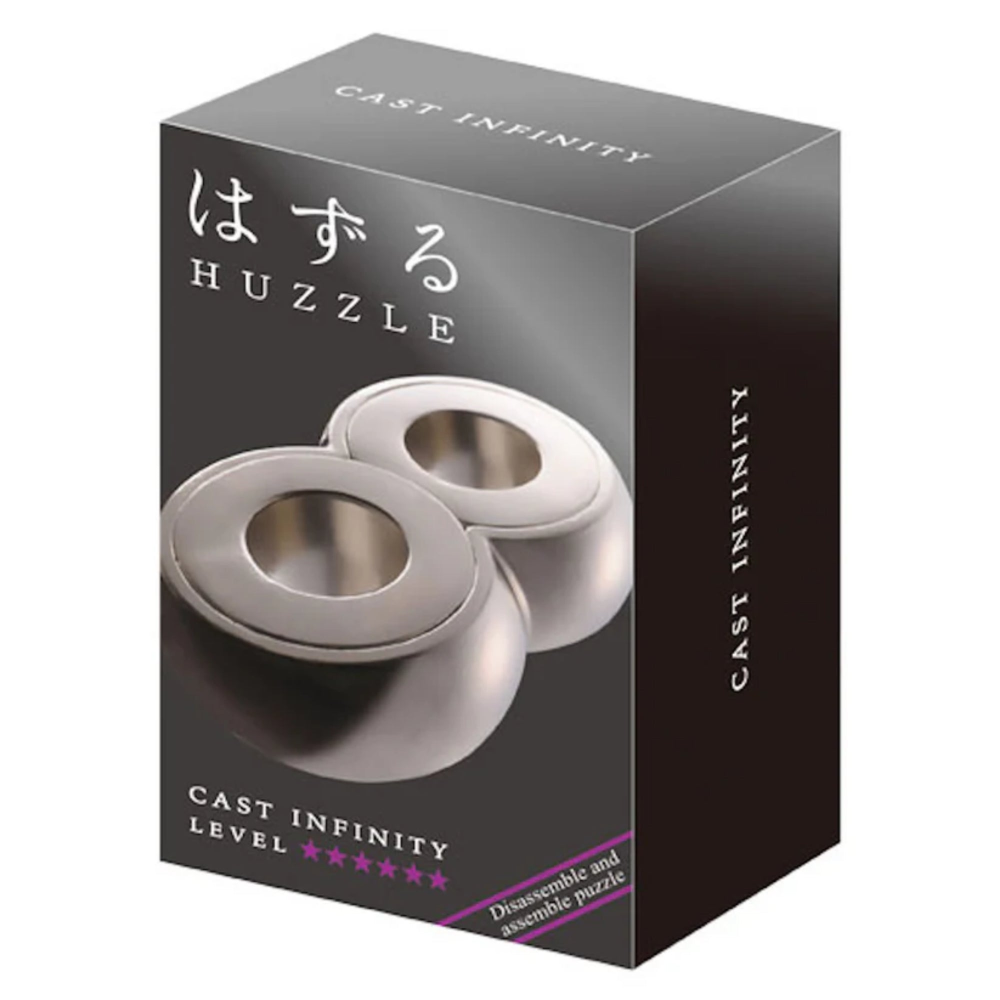 A Huzzle Cast Infinity logikai kirakó elegáns, fekete színű doboza, amelyen a fémes nyolcas alakú puzzle képe és a nehézségi szint is látható.