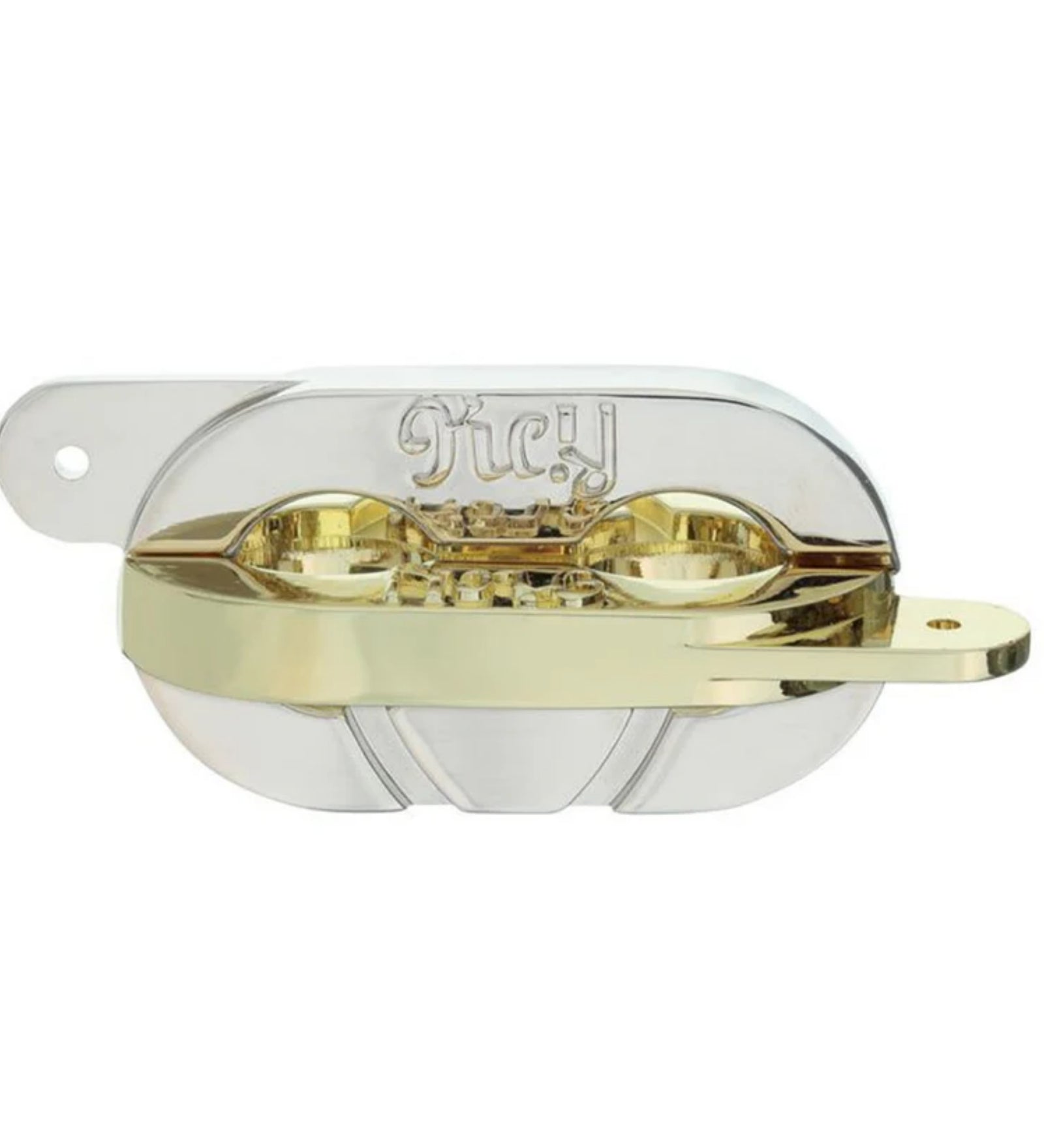 Ezüst és arany színű, díszes felületű Huzzle Cast Keyring logikai játék összerakva, zárt formában, mely kulcsformára emlékeztető elemekből áll.