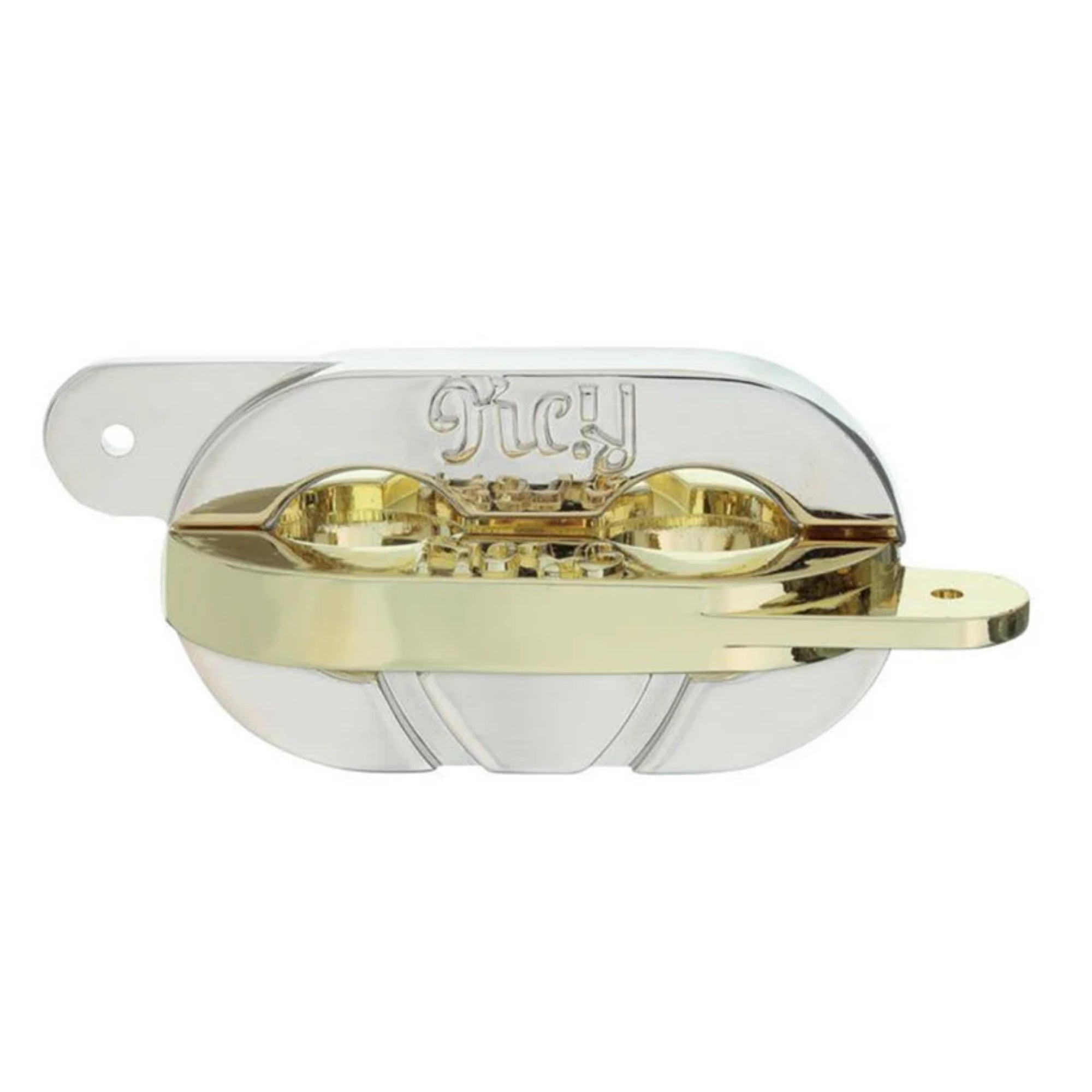 Ezüst és arany színű, díszes felületű Huzzle Cast Keyring logikai játék összerakva, zárt formában, mely kulcsformára emlékeztető elemekből áll.