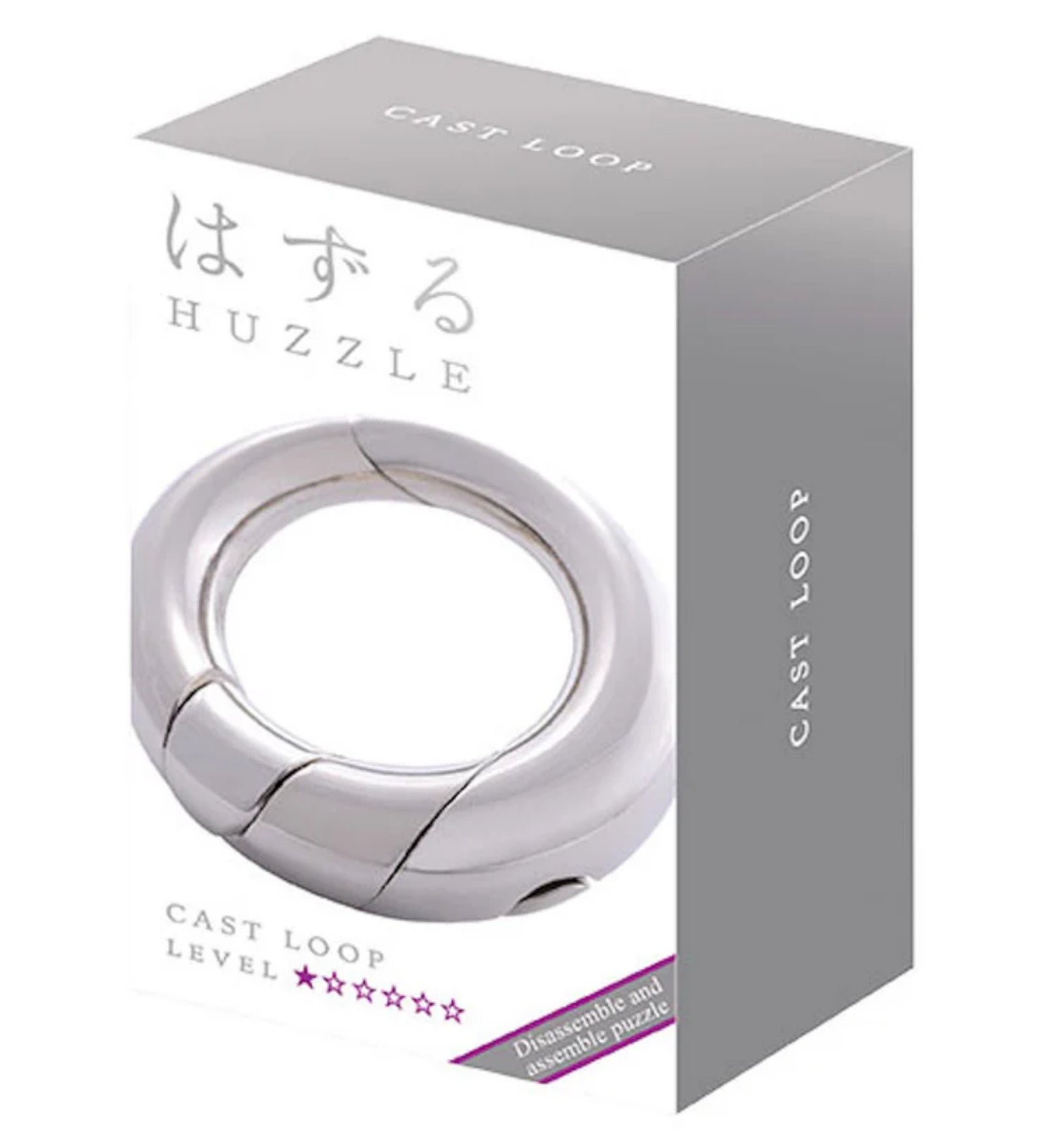 A Huzzle Cast LOOP doboza, rajta a termék képe és nehézségi szint jelölése, japán felirattal.

