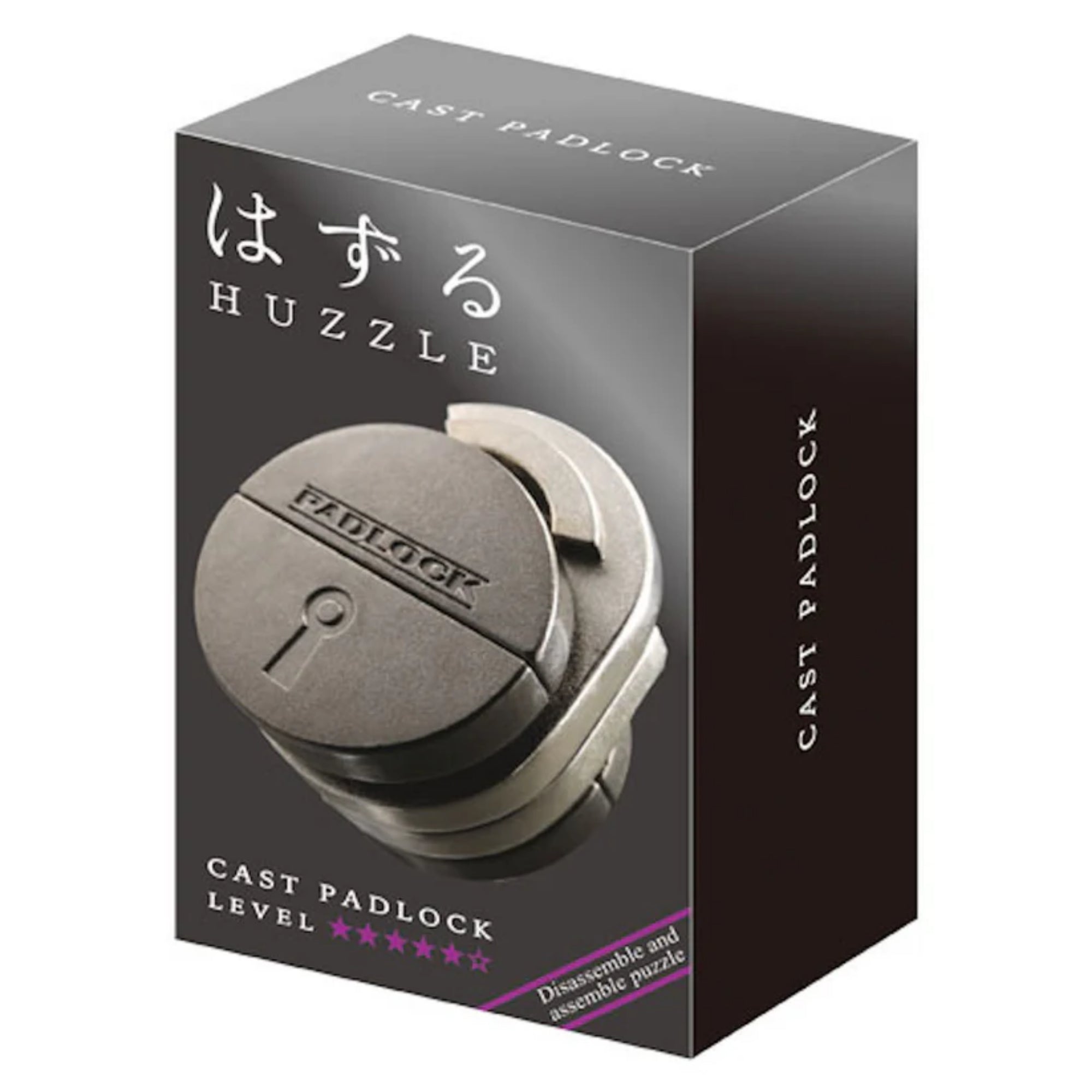 A Huzzle Cast PADLOCK ördöglakat elegáns fekete dobozban, lakat formájú logikai kihívással és 5 csillagos nehézségi szinttel.