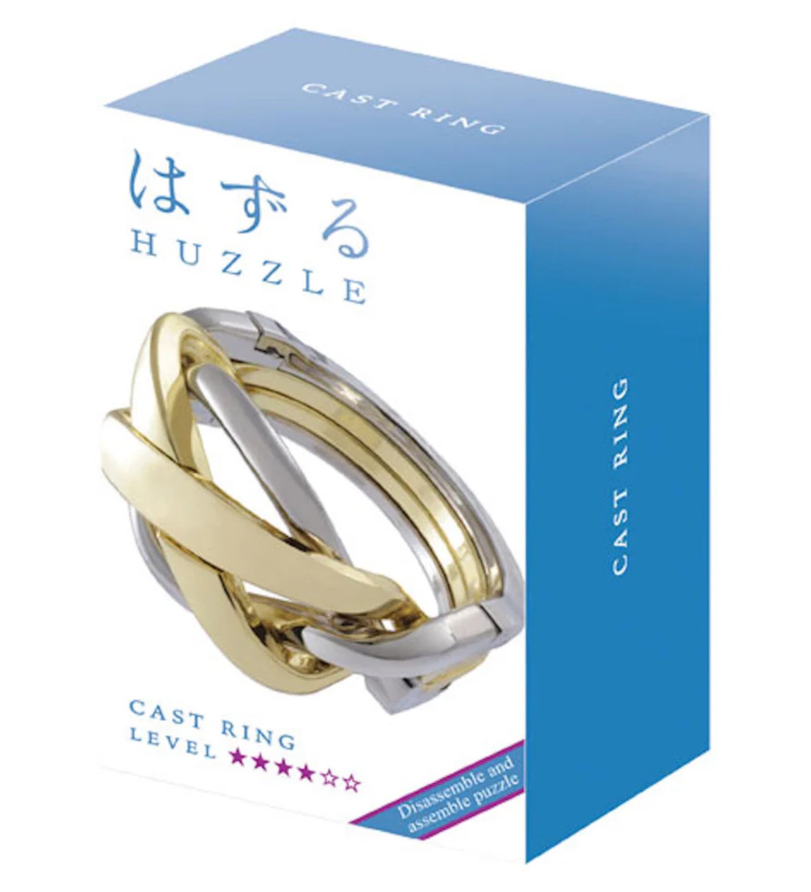 A Huzzle Cast RING dobozakék-fehér dizájnnal, rajta a puzzle elegáns, fonott gyűrűformája és a nehézségi szintet jelző csillagok.