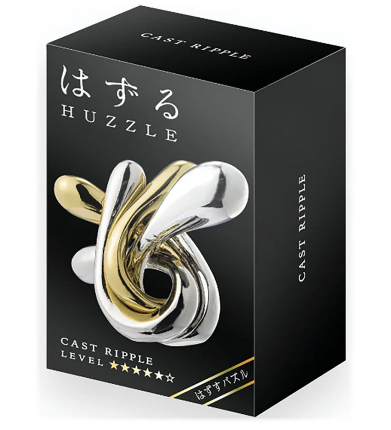 A Huzzle Cast RIPPLE logikai játék fekete doboza, amelyen a termék stilizált képe, a japán Huzzle felirat és a nehézségi szint (★★★☆☆) is látható.