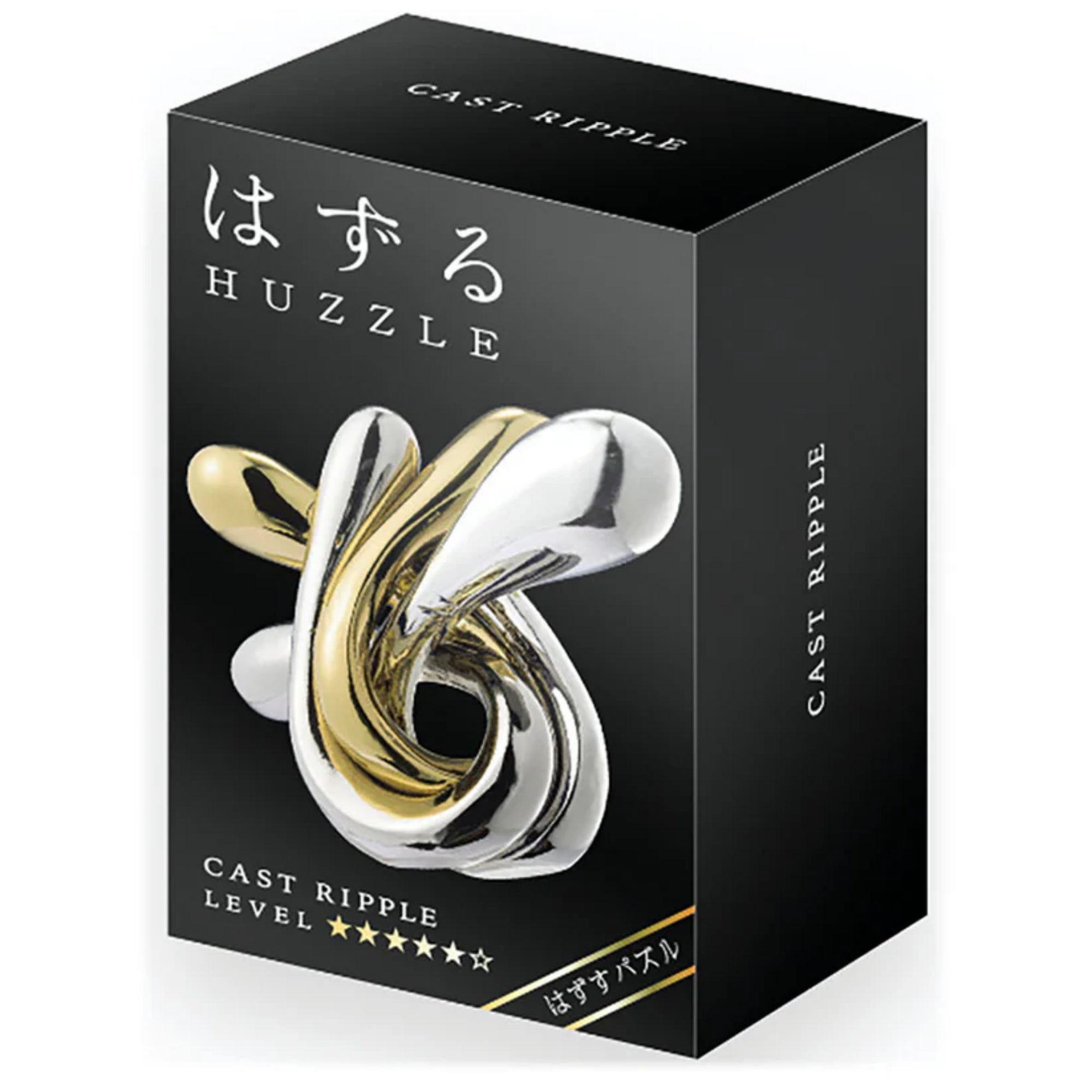 A Huzzle Cast RIPPLE logikai játék fekete doboza, amelyen a termék stilizált képe, a japán Huzzle felirat és a nehézségi szint (★★★☆☆) is látható.