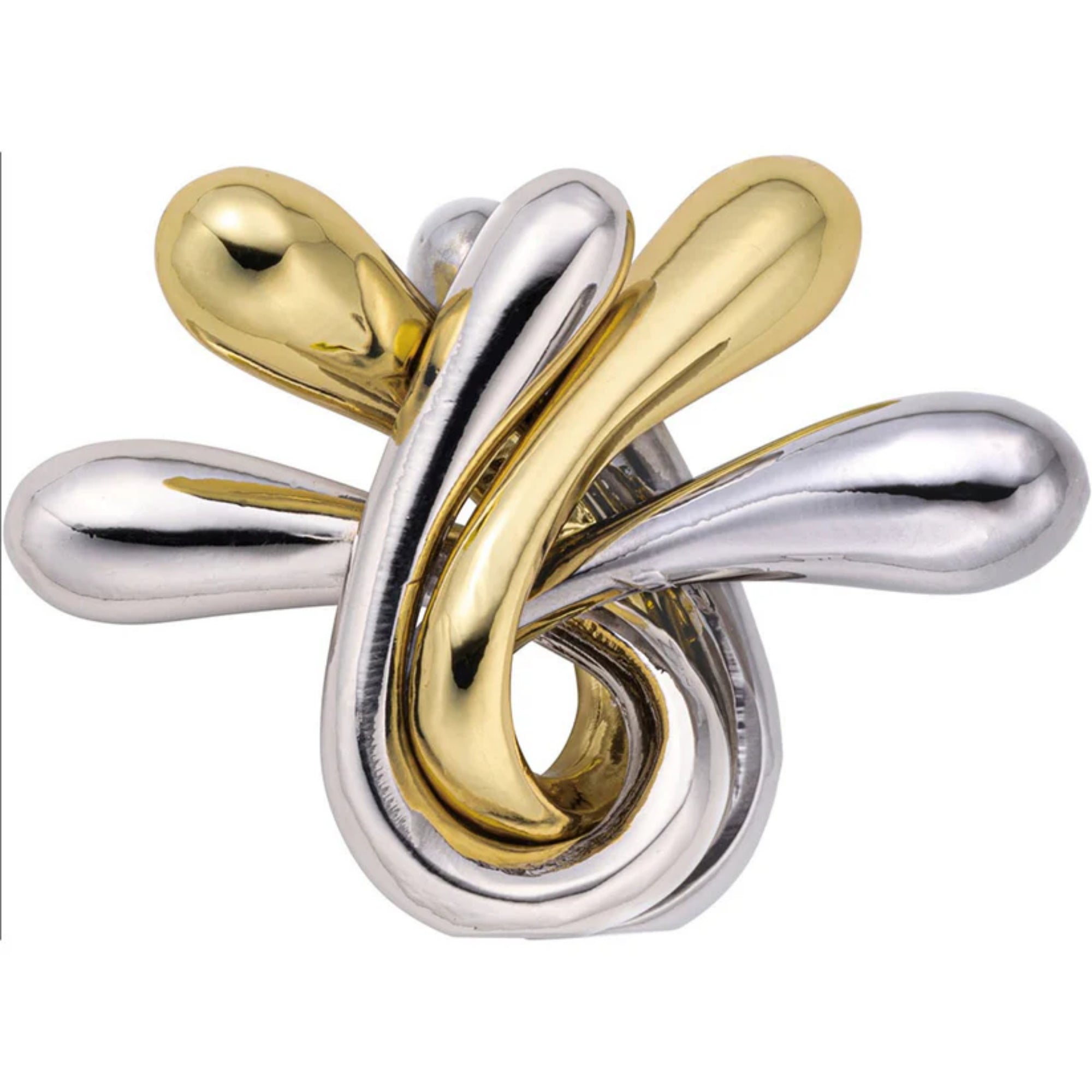 Fényes, összefonódott arany és ezüst színű fém elemekből álló, organikus formájú logikai játék, a Huzzle Cast RIPPLE, amelynek sima, csepp alakú végei elegánsan tekerednek egymásba.