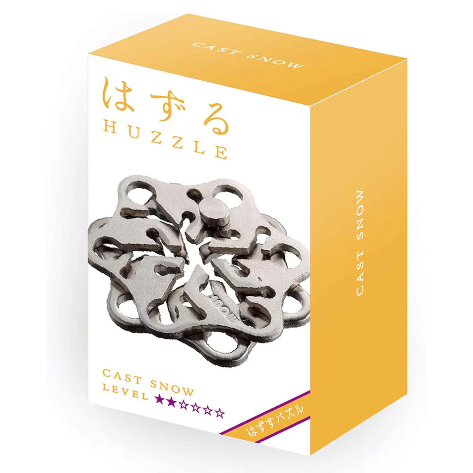 A Huzzle Cast SNOW kirakós elegáns fehér-sárga színvilágú doboza, amelyen a bonyolult, hópehely mintájú összeszerelt puzzle fotója látható.