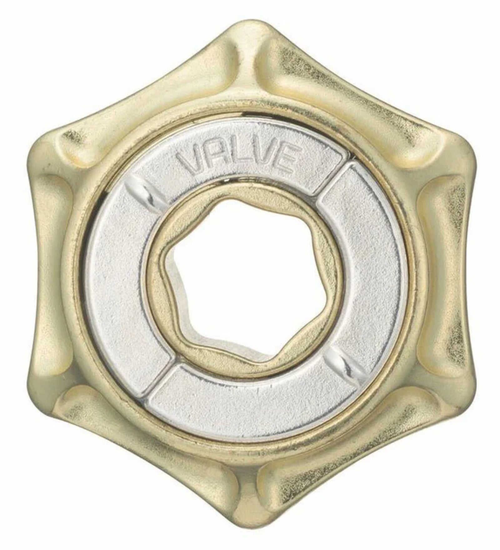Arany és ezüst színű, szelep formájú Huzzle Cast Valve ördöglakat, összeszerelt állapotban, középen a "VALVE" felirattal.