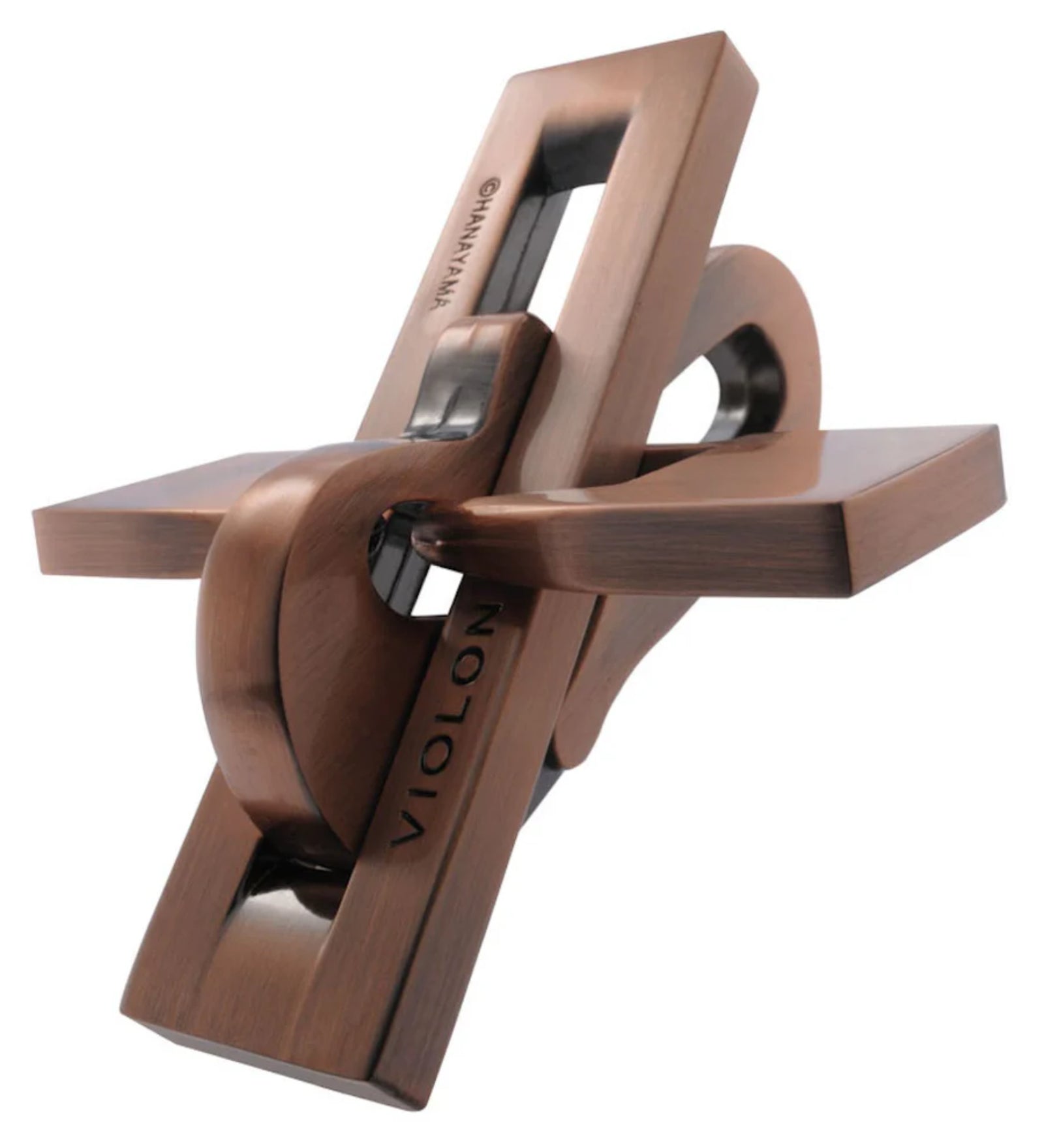 Összeillesztett Huzzle Cast VIOLON fém fejtörő, elegáns, hegedűre emlékeztető, bronzszínű alkatrészekből álló összetett forma.